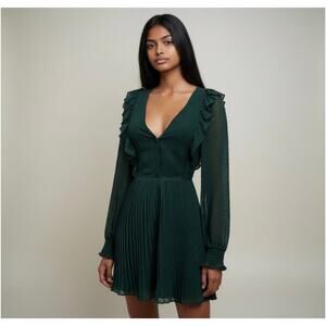 ZARA TRF Emerald Green Sheer Long Sleeve Swiss Dot Pleated Ruffle Mini Dress XL